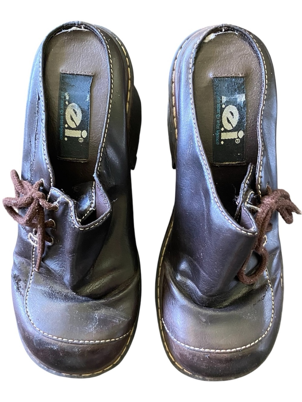 Vintage LEI Y2K Chunky Brown Faux Leather Heel Platform Slip On Mule Shoe Sz 7.5 - Picture 2 of 9